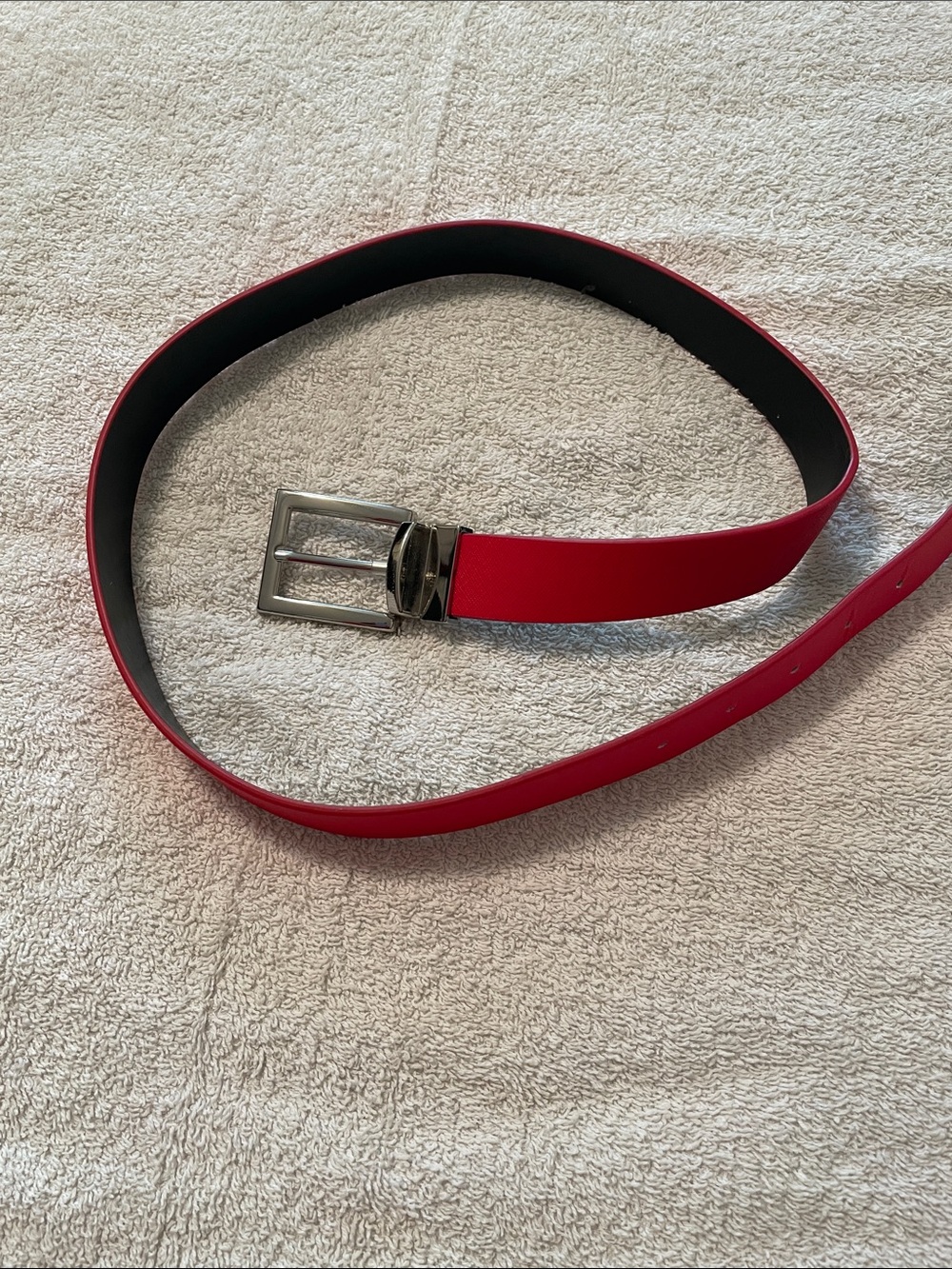 Men's Reversible Red and Black Leather Belt - Classic Silver Buckle
